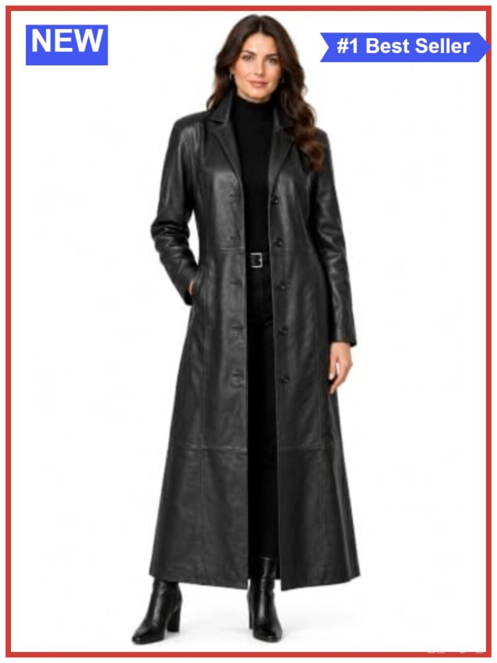 Women's Real Lambskin Leather Long Trench Coat Button-Down Overcoat